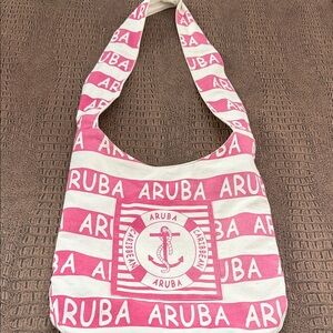 Aruba Caribbean Pink White Canvas Shoulder Bag Souvenir Tote Hobo Purse